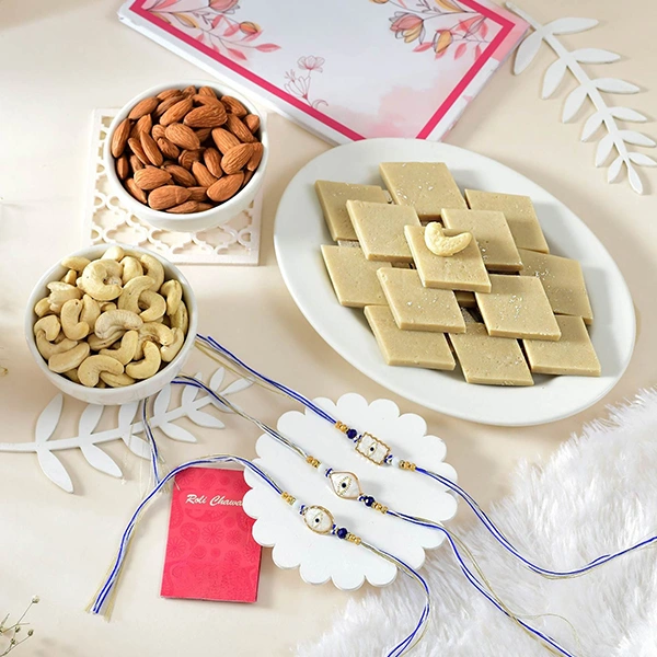 Elegant Evil Eye Rakhi Set with Dryfruits & Kaju katli