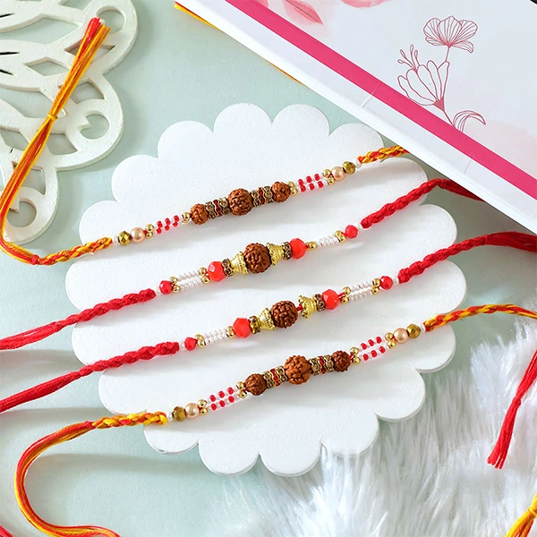 Four Set Rudraksha Rakhi with Soan Papdi & Dryfruits