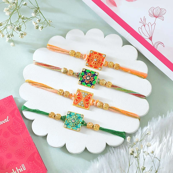 Set of Four Alluring Rakhi with Gourmet Hamper