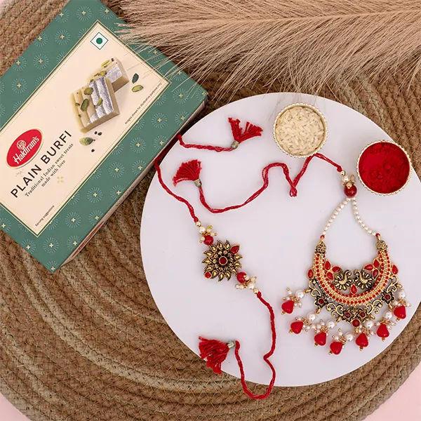 Chand Bali Lumba Rakhi and Bhai Rakhi with Plain Barfi