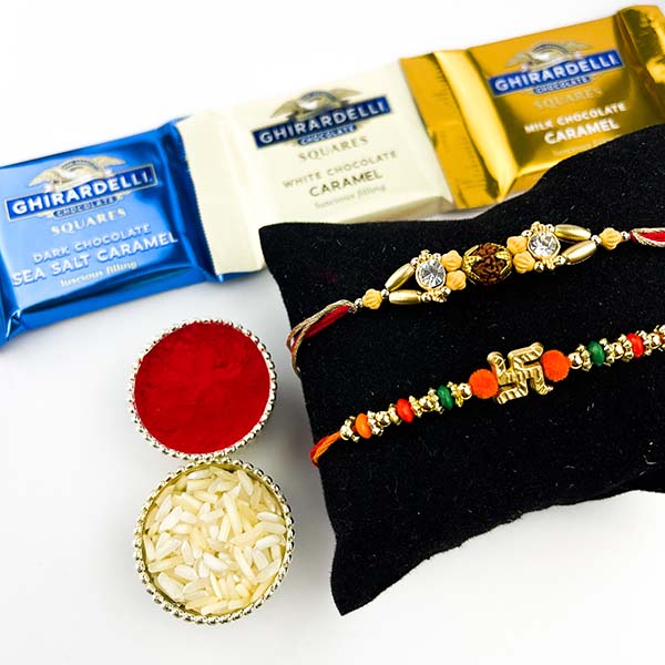 2 Traditional Rakhis with 3 Ghirardelli Chocolates