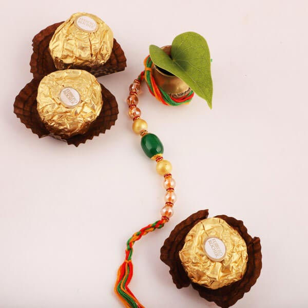 Elegant Beaded Rakhi & 3pc Ferrero