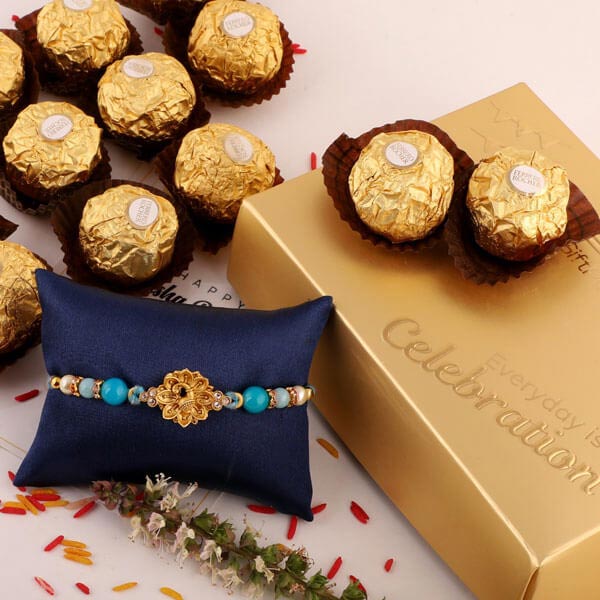 Lovely Peacock Rakhi & 12pc Ferrero