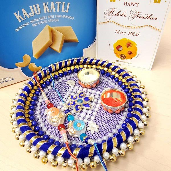 Sequins Rakhi Pair, Thali & Kaju Katli
