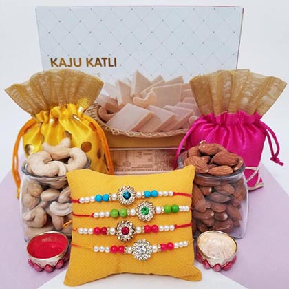 4 Colorful Rakhis, Kaju Mithai & Nuts