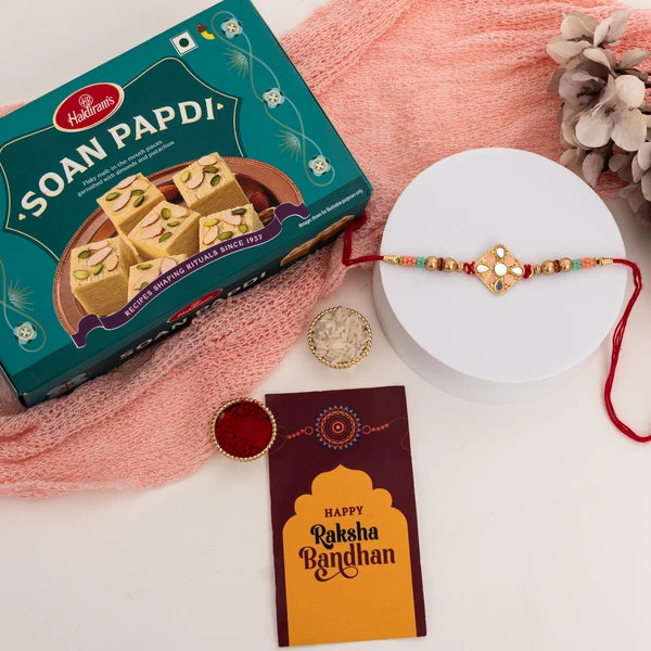 Kundan Meenakari Rakhi with Soan Papdi Gift Pack