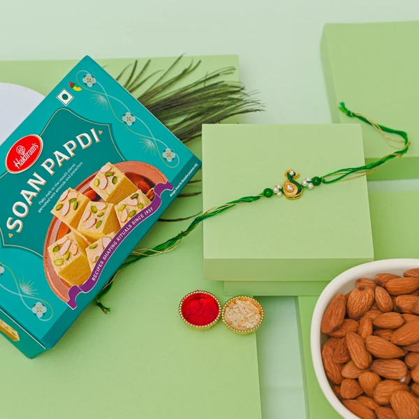 Royal Meenakari Peacock Rakhi with Pista Burfi & Almond Gift