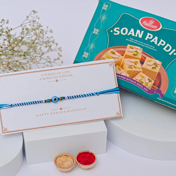 Minimal Evil Eye Rakhi with Soan Papdi