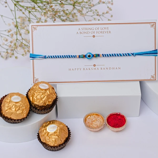 Minimal Evil Eye Rakhi with Ferrero Rocher