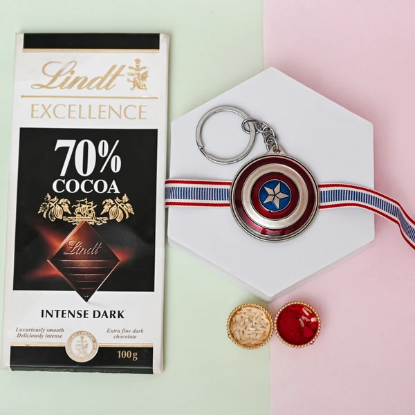 Captain America Rakhi with Lindt Chocolate Gift Box