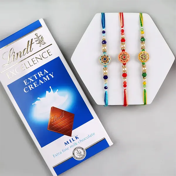 Set of 3 Colourful Rakhi with Lindt Chocolate Bar 100 GM - For Finland