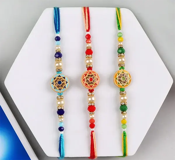 Set of 3 Colourful Rakhi with Lindt Chocolate Bar 100 GM - For Finland