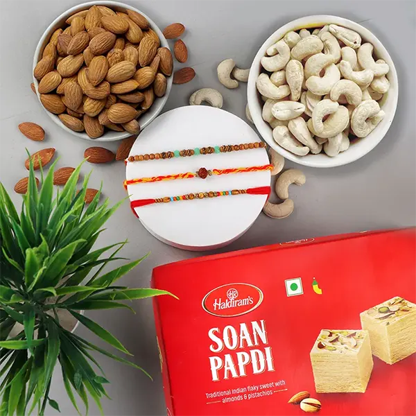 Traditional 3 Rakhi Set with Sweet and Dry Fruits combo - For Finland