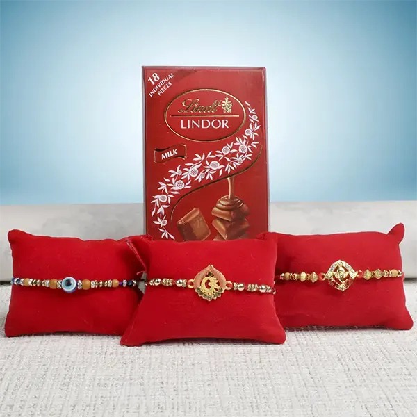 Set of 3 Rakhis with 1 Lindt Milk Chocolate 100 GM - For Finland