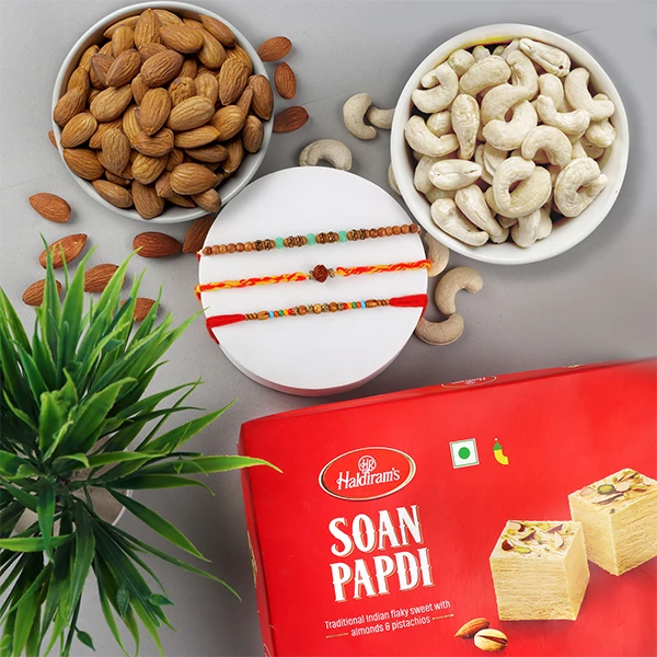 Traditional 3 Rakhi Set with Sweet & Dry Fruits