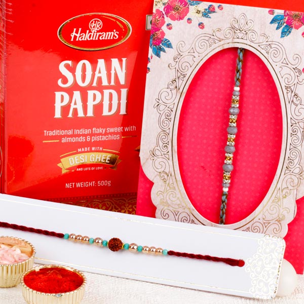 Rudraksha Rakhi Set with Sweet Hamper Europe