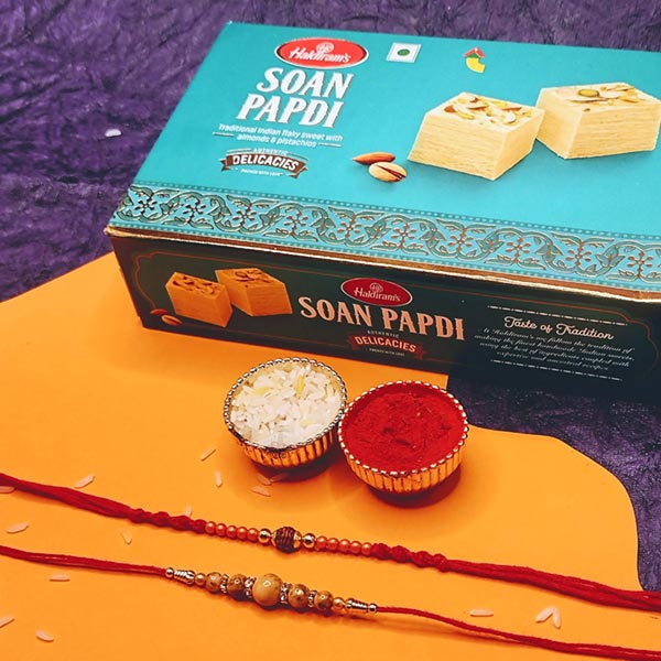 2 Designer Rakhi Set With Soan Papdi