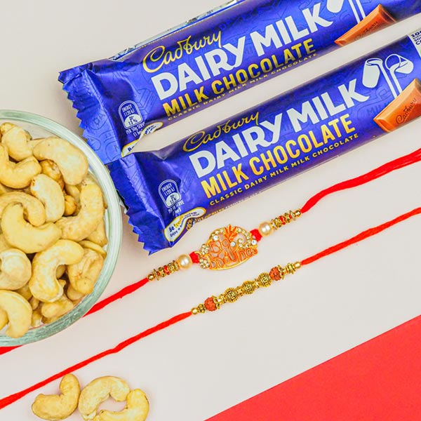 Big Brother & Rudraksh Combo Of 2 Rakhis With Dairy Milk & Dryfruits