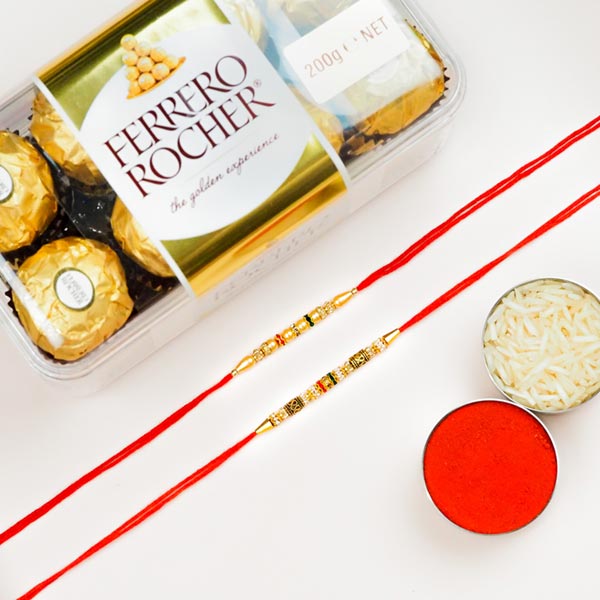 Set of 2 Golden Beads Rakhis And Ferrero Rocher