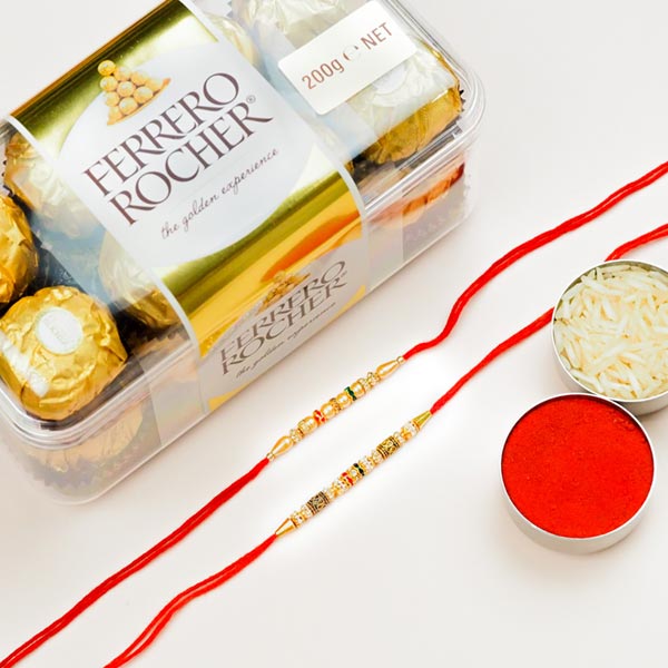 Set of 2 Golden Beads Rakhis And Ferrero Rocher