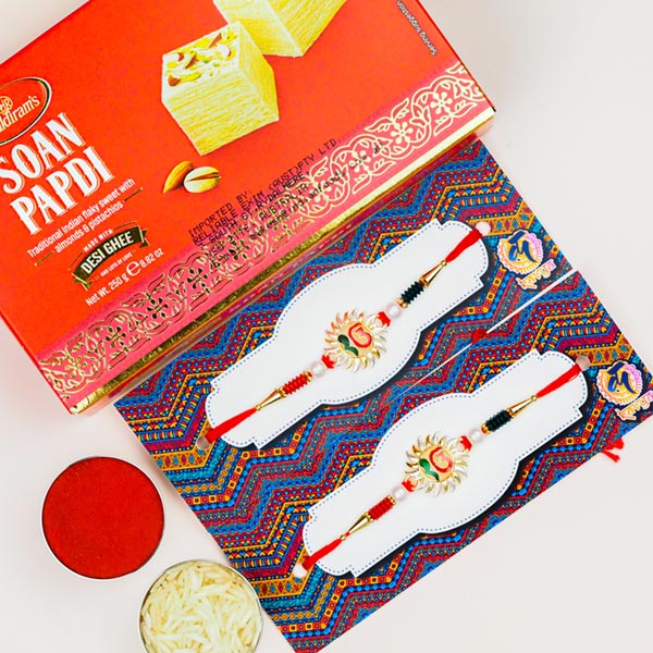 Collection Of 2 Ek Onkar Rakhis With Soan Papdi