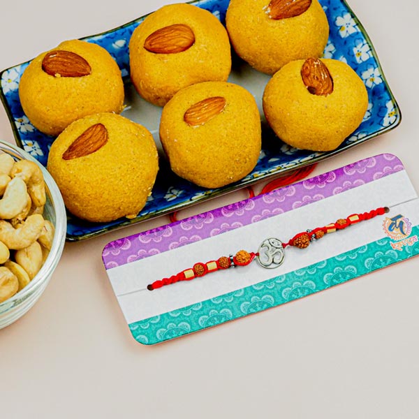 Om Rakhi With Cashews & Besan Laddu