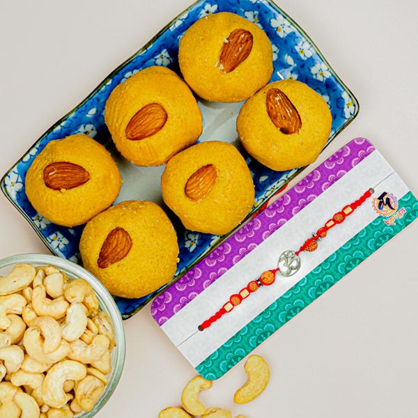 Om Rakhi With Cashews & Besan Laddu