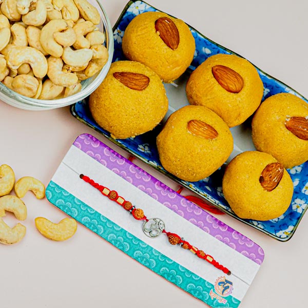 Om Rakhi With Cashews & Besan Laddu