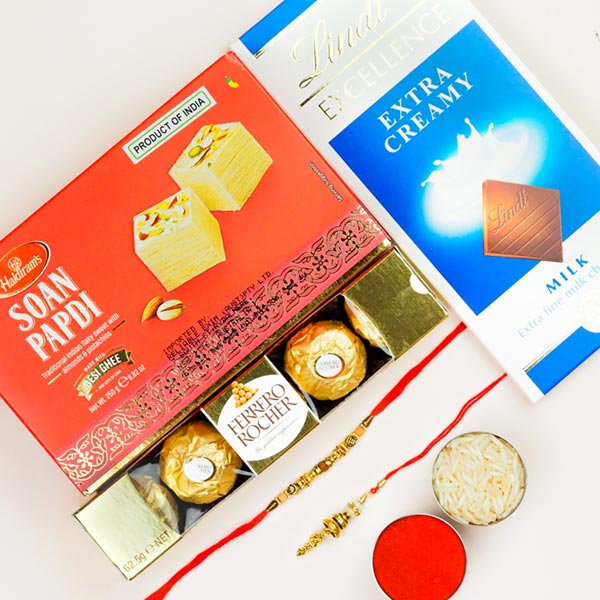 Bhaiya Bhabhi Rakhi Pair With Ferrero Rocher, Lindt & Soan Papdi