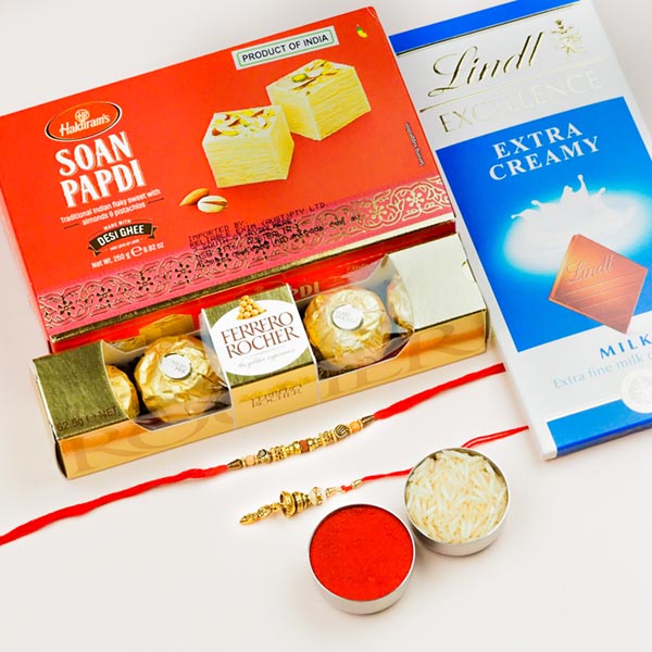 Bhaiya Bhabhi Rakhi Pair With Ferrero Rocher, Lindt & Soan Papdi