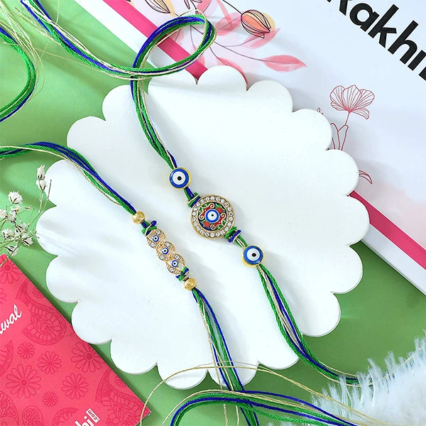 Set of 2 Enchanting Rakhi with Gourmet Hamper