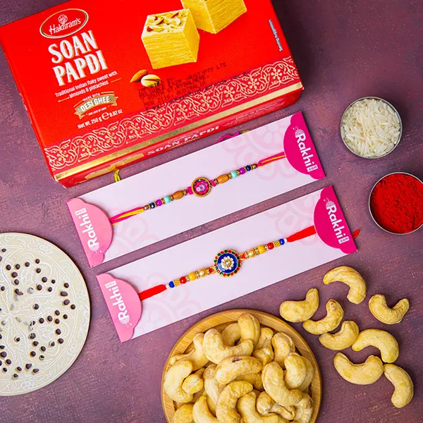 Set of 2 Rakhi with Soan Papdi & Cashew