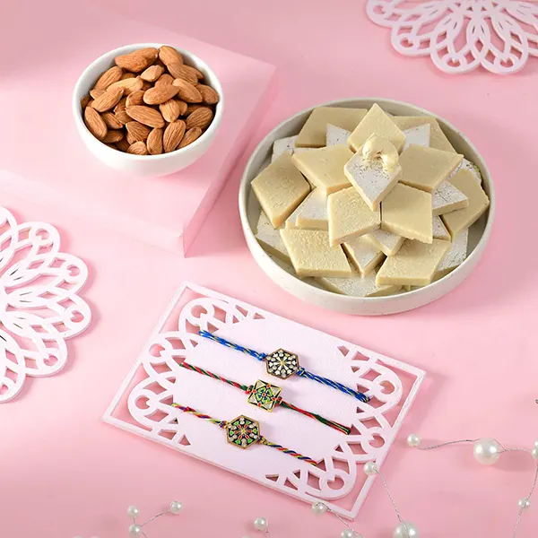 Set of 3 Rakhi With Kaju katli & Almond