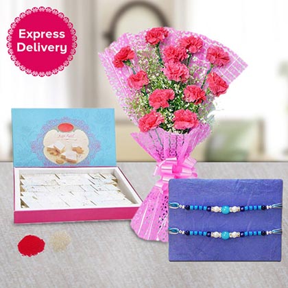 Rakhi with Carnations n Kaju Katli