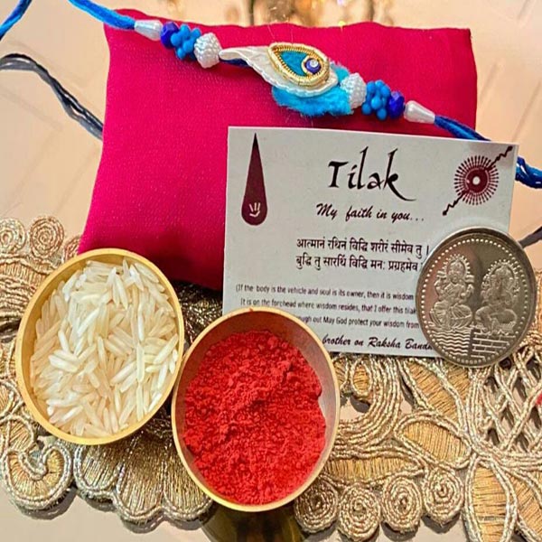 Blue Zardosi Rakhi with Free Silver Coin
