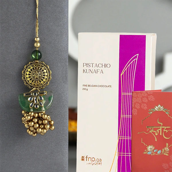Jeweled Lumba Rakhi With Pistachio Kunafa Bar