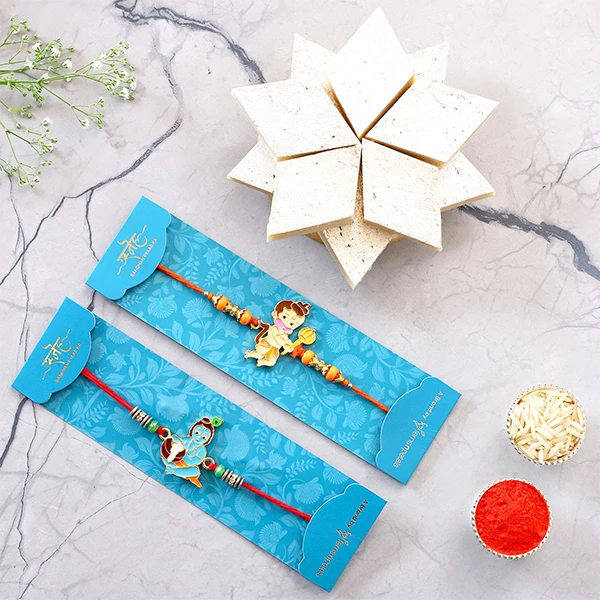 Devotional Kids Rakhi Set And Kaju Katli