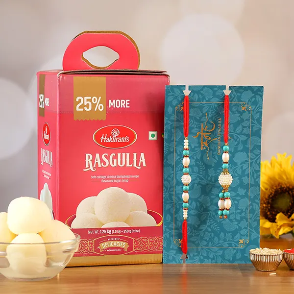 Blue Pearl Lumba Rakhi Set And Rasgulla Exp - For Qatar