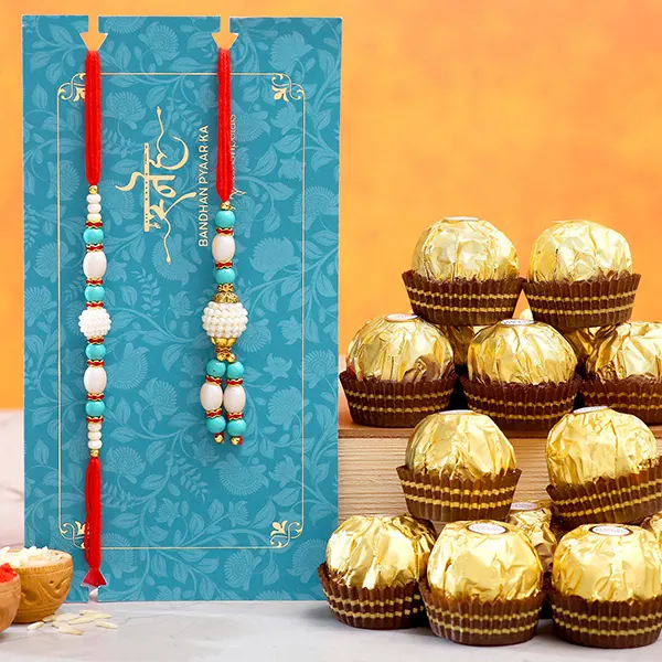 Blue Pearl And Lumba Rakhi Set With 16 Pcs Ferrero Rocher Exp - For Qatar