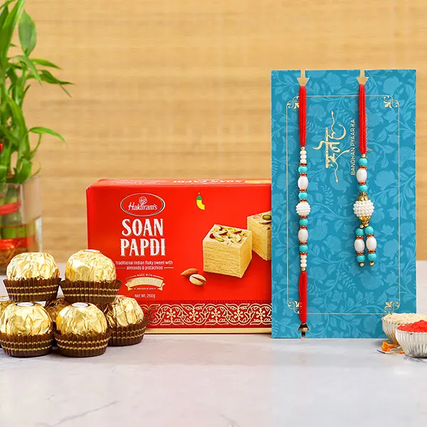 Blue Pearl Lumba Rakhi Set And Soan Papdi With Ferrero Rocher Exp - For Qatar