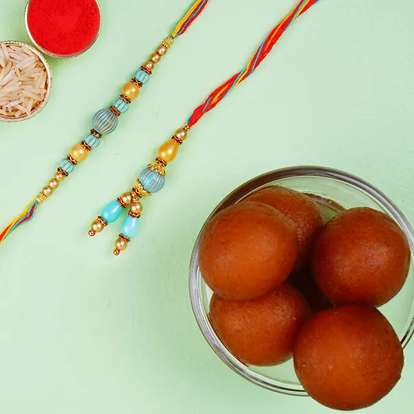 Blue Stone Rakhi Set And Haldiram Gulab Jamun Tin Combo - For Qatar