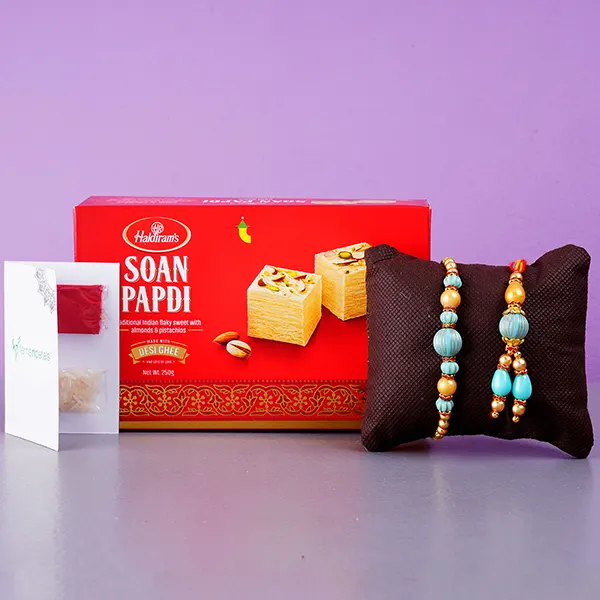 Blue Stone Rakhi Set And Soan Papdi Combo - For Qatar