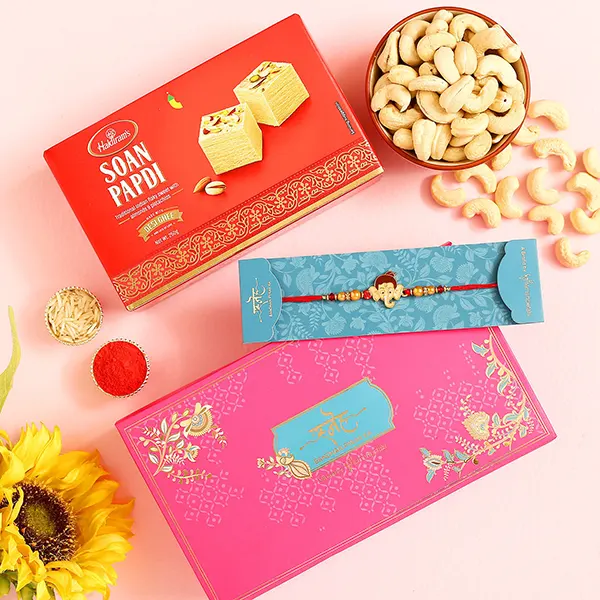 Ganesha Face Kids Rakhi And Cashew With Soan Papdi Exp - For Qatar