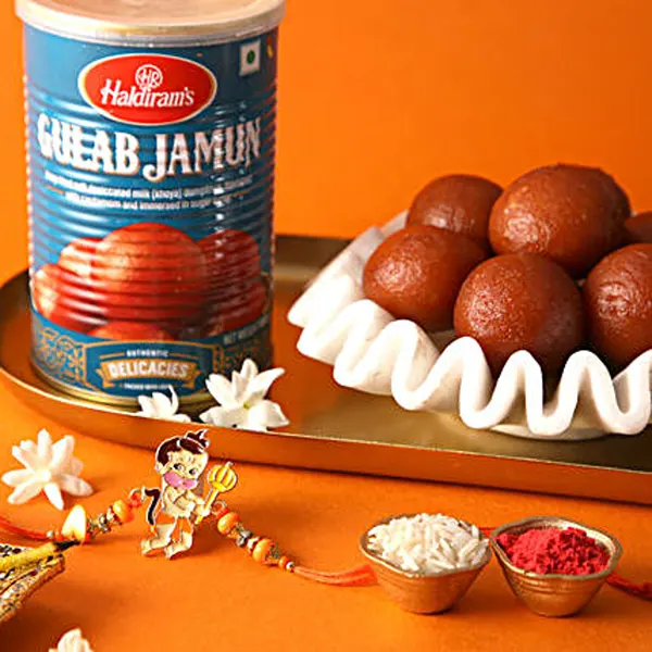 Bal Hanuman Kids Rakhi and Haldiram Gulab Jamun - For Qatar