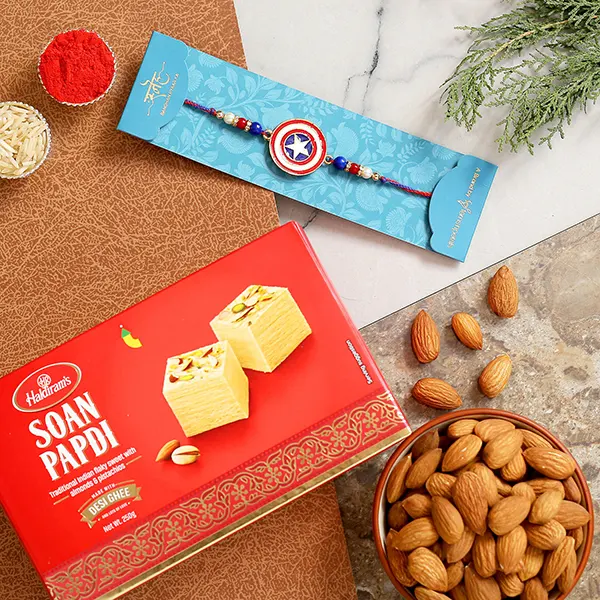 Captain America Kids Rakhi With Soanpapdi And Almonds Exp - For Qatar