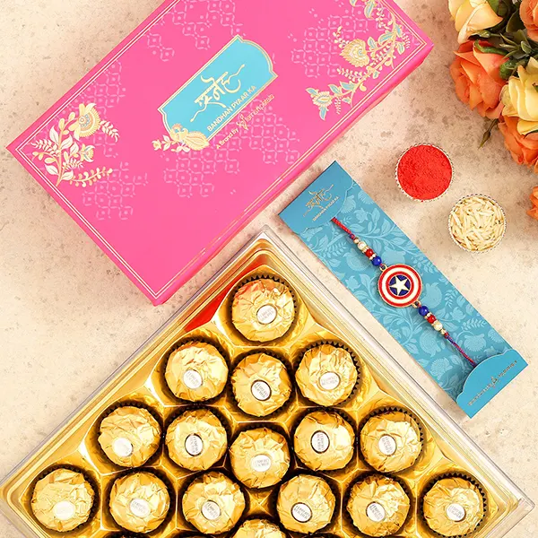 Captain America Kids Rakhi And 16 Pcs Ferrero Rocher Exp - For Qatar