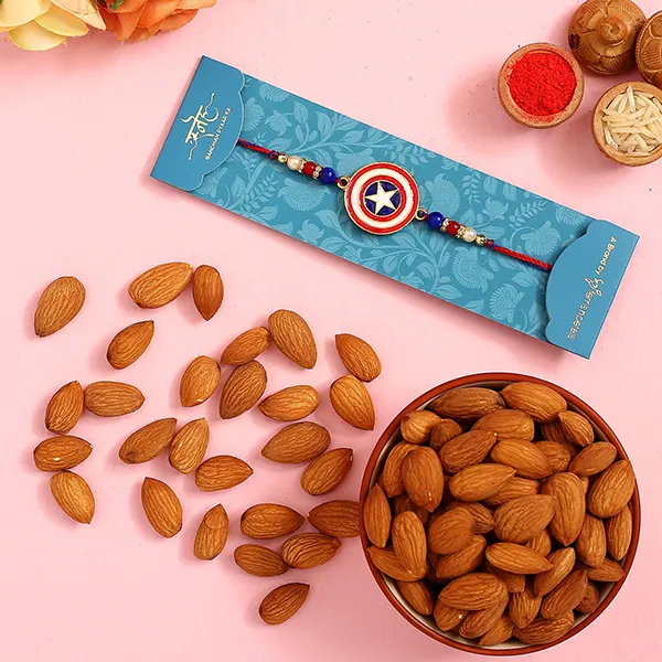 Superhero Captain America Rakhi For Kids With 100 Gms Almonds Exp - For Qatar