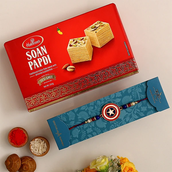 Superhero Captain America Rakhi For Kids With 250 Gms Soan Papdi Exp