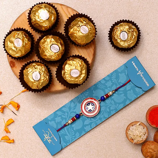 Captain America Kids Rakhi And 3 Pcs Ferrero Rocher Exp - For Qatar