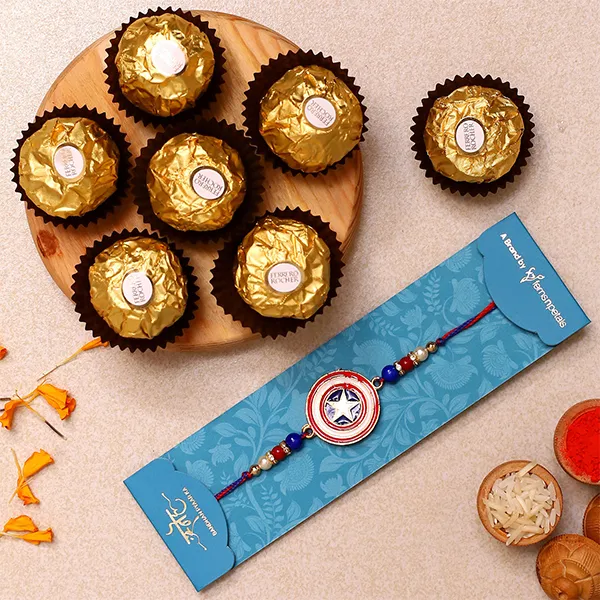 Captain America Kids Rakhi And 3 Pcs Ferrero Rocher Exp